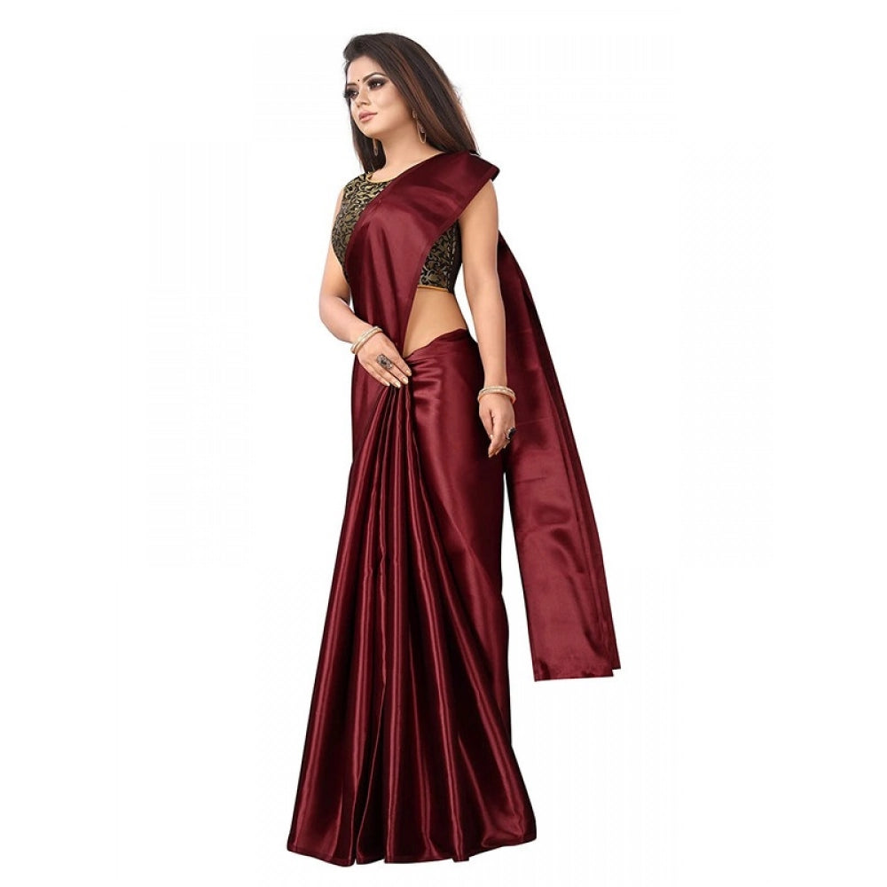 Generic Women's Satin Printed Saree With Unstitched Blouse 5.5Mtr (Maroon)