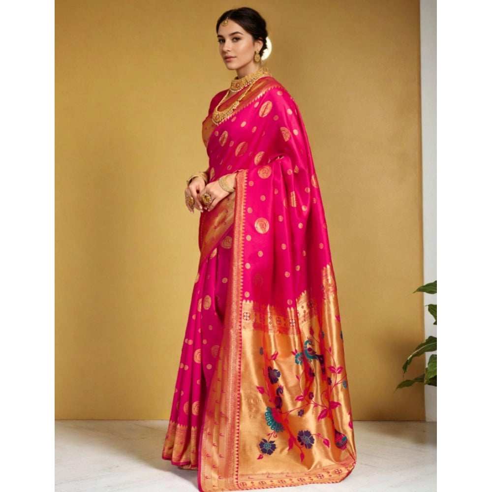 Generic Women's Silk Blend Paithani Saree With Unstitched Blouse 5.5Mtr (Pink)