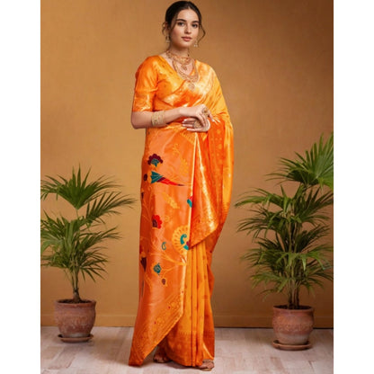Generic Women's Silk Blend Woven Saree With Unstitched Blouse 5.5Mtr (Orange)