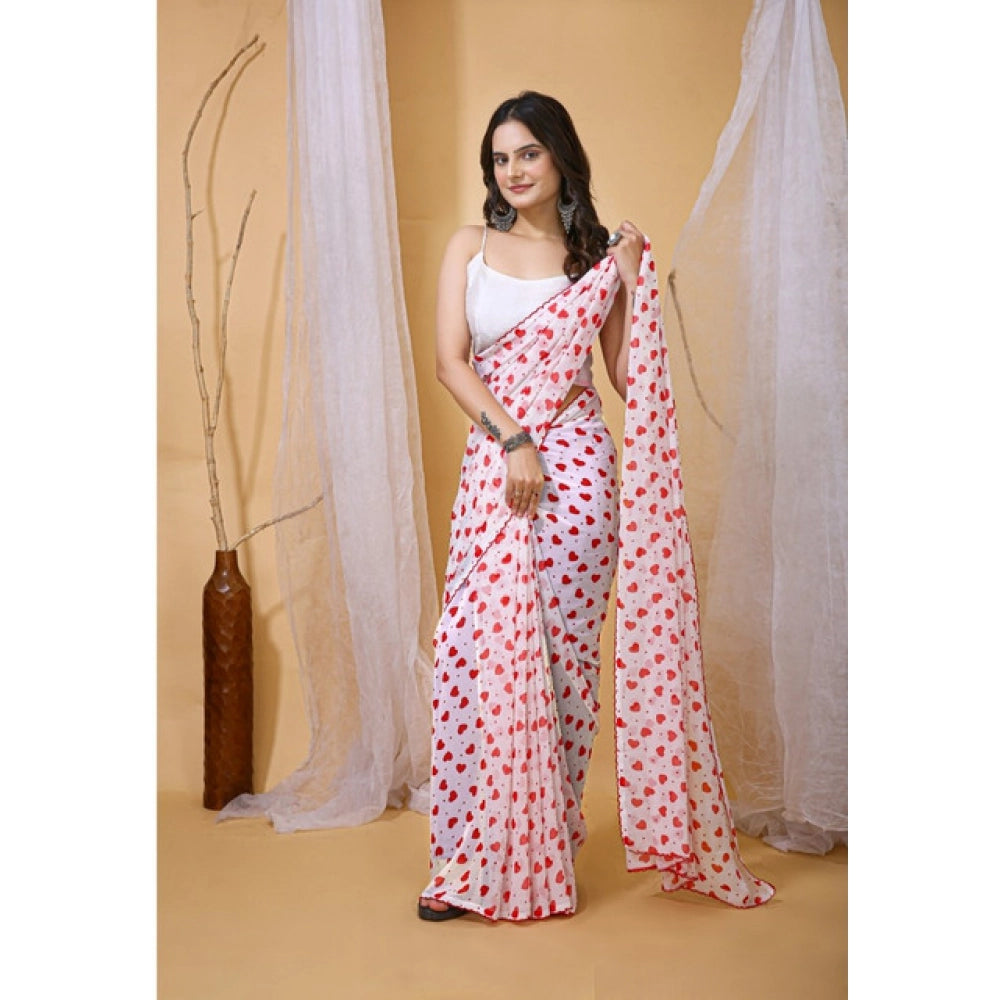 Generic Women's Georgette Printed Saree With Unstitched Blouse 5.5Mtr (White-Red)
