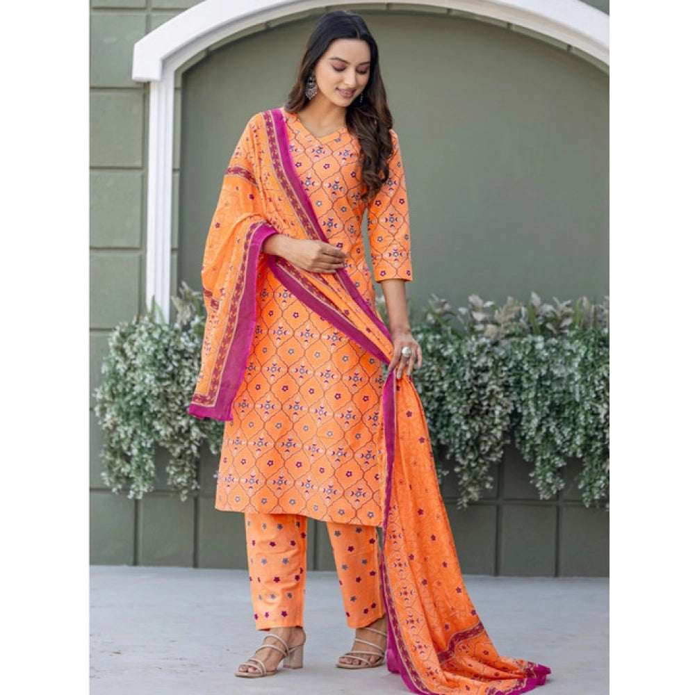 Generic Women's Cotton Blend Printed Kurti With Pant Dupatta Set (Coral)