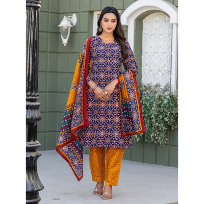 Generic Women's Cotton Blend Printed Kurti With Pant Dupatta Set (Navy Blue)