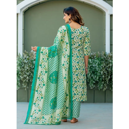 Generic Women's Cotton Blend Printed Kurti With Pant Dupatta Set (Pista)