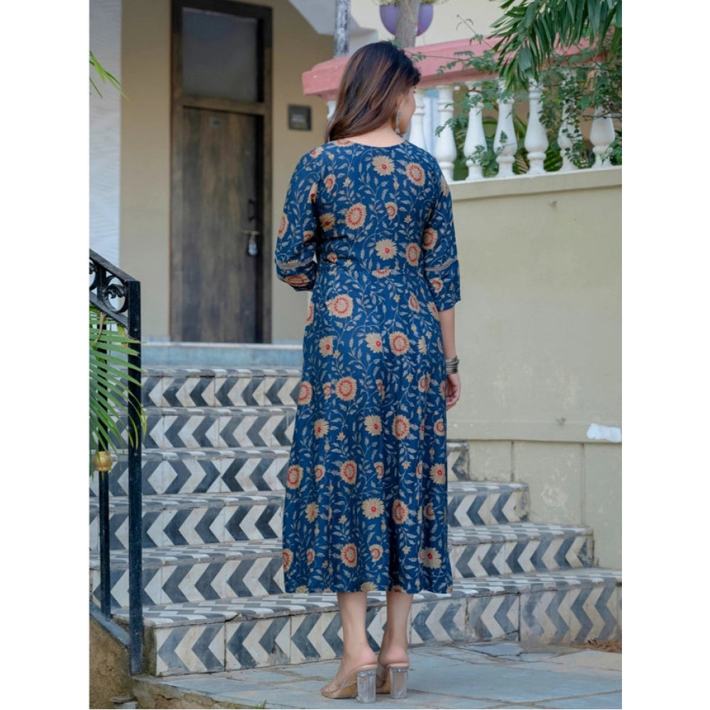 Generic Women's Rayon Print With Embroidery Work A-Line Kurti (Navy Blue)