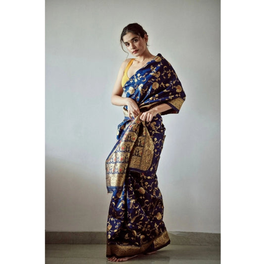 Generic Women's Soft Litchi Silk Jacquard Work Saree With Unstitched Blouse 5.5Mtr (Blue)