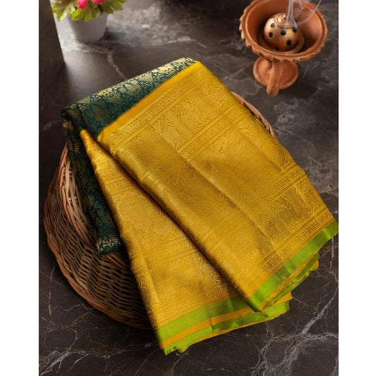 Generic Women's Soft Litchi Silk Jacquard Work Saree With Unstitched Blouse 5.5Mtr ( Mustard Yellow)