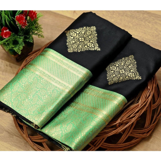 Generic Women's Soft Litchi Silk Jacquard Work Saree With Unstitched Blouse 5.5Mtr (Black)