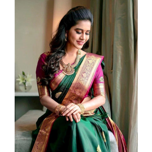 Generic Women's Soft Litchi Silk Jacquard Work Saree With Unstitched Blouse 5.5Mtr (Green)