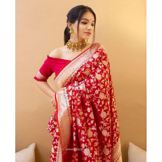 Generic Women's Soft Litchi Silk Jacquard Work Saree With Unstitched Blouse 5.5Mtr (Red)
