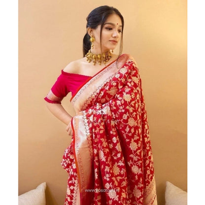 Generic Women's Soft Litchi Silk Jacquard Work Saree With Unstitched Blouse 5.5Mtr (Red)