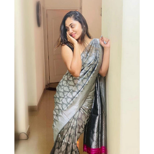 Generic Women's Soft Litchi Silk Jacquard Work Saree With Unstitched Blouse 5.5Mtr (Gray)