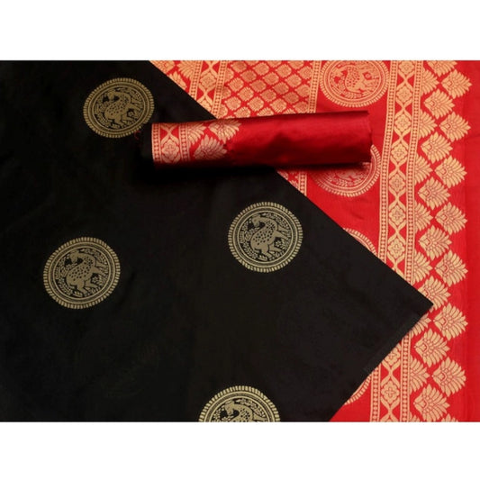 Generic Women's Soft Litchi Silk Jacquard Work Saree With Unstitched Blouse 5.5Mtr (Black)