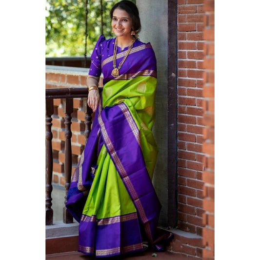 Generic Women's Soft Litchi Silk Jacquard Work Saree With Unstitched Blouse 5.5Mtr (Green)