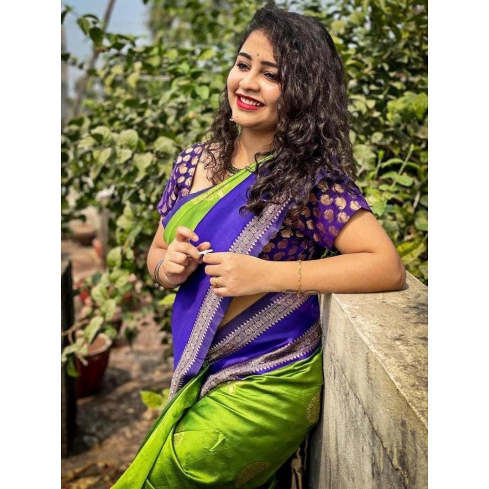 Generic Women's Soft Litchi Silk Jacquard Work Saree With Unstitched Blouse 5.5Mtr (Green)