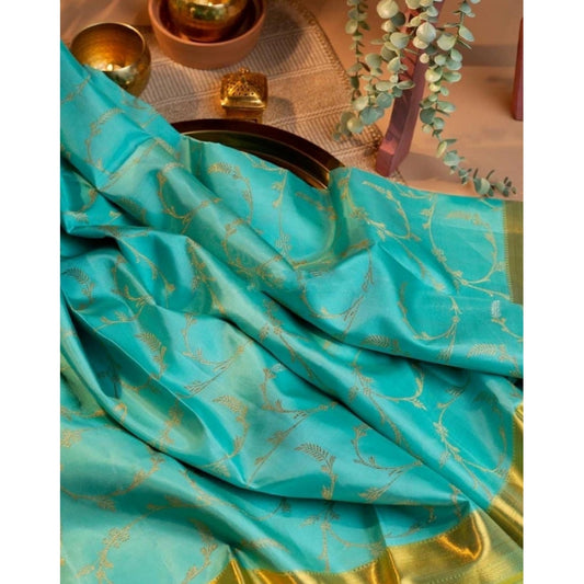 Generic Women's Soft Litchi Silk Jacquard Work Saree With Unstitched Blouse 5.5Mtr (Sky Blue)