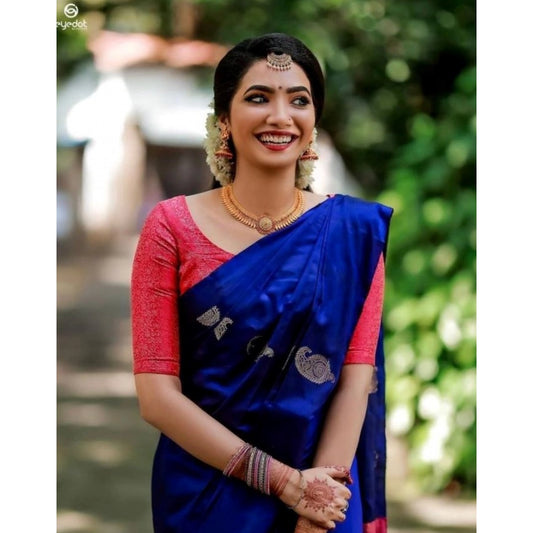 Generic Women's Soft Litchi Silk Jacquard Work Saree With Unstitched Blouse 5.5Mtr (Blue)