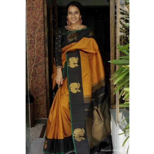 Generic Women's Soft Litchi Silk Jacquard Work Saree With Unstitched Blouse 5.5Mtr (Rust)