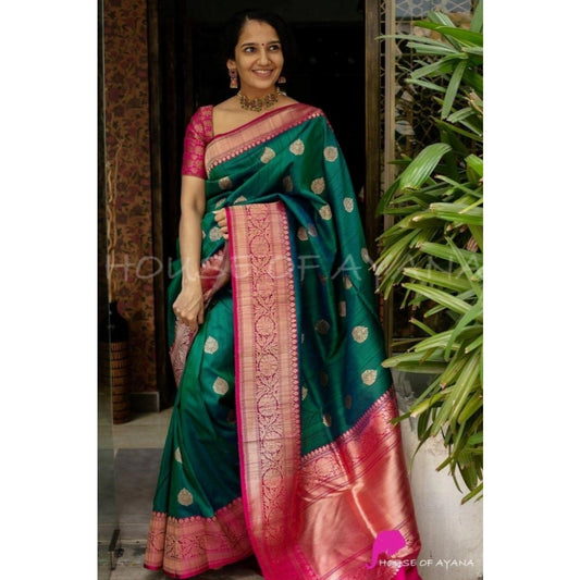 Generic Women's Soft Litchi Silk Jacquard Work Saree With Unstitched Blouse 5.5Mtr (Green)