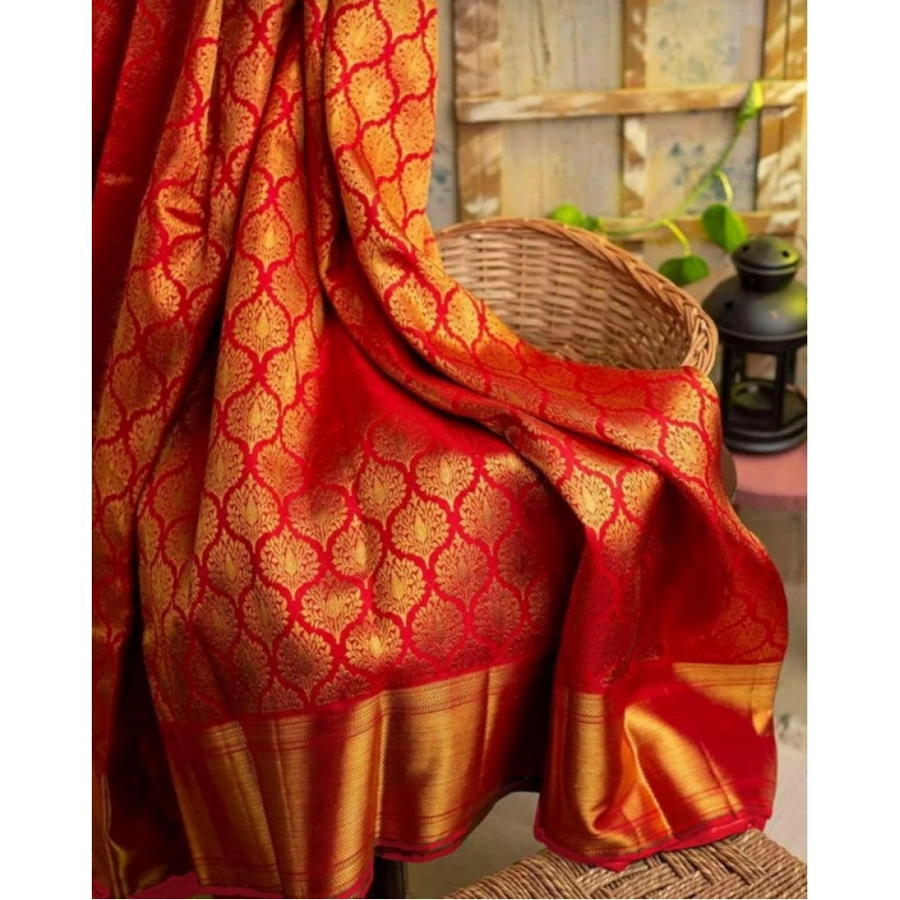 Generic Women's Soft Litchi Silk Jacquard Work Saree With Unstitched Blouse 5.5Mtr (Red)