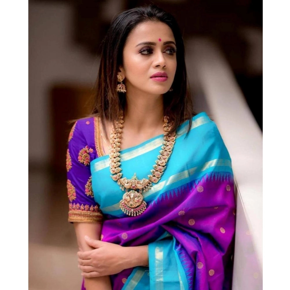 Generic Women's Soft Litchi Silk Jacquard Work Saree With Unstitched Blouse 5.5Mtr (Purple)