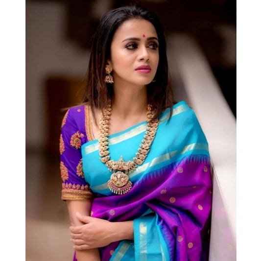 Generic Women's Soft Litchi Silk Jacquard Work Saree With Unstitched Blouse 5.5Mtr (Purple)
