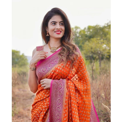 Generic Women's Soft Litchi Silk Jacquard Work Saree With Unstitched Blouse 5.5Mtr (Orange)