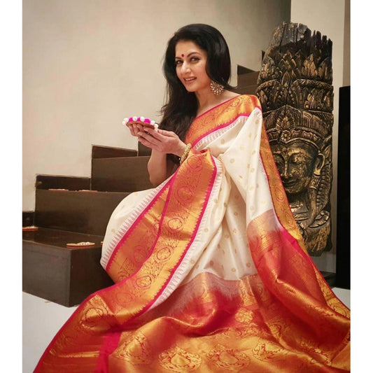 Generic Women's Soft Litchi Silk Jacquard Work Saree With Unstitched Blouse 5.5Mtr (White)