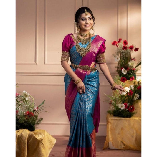 Generic Women's Soft Litchi Silk Jacquard Work Saree With Unstitched Blouse 5.5Mtr (Dark Blue)