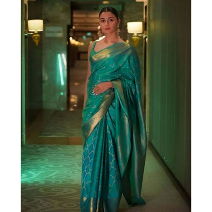 Generic Women's Soft Litchi Silk Jacquard Work Saree With Unstitched Blouse 5.5Mtr (Sky Blue)