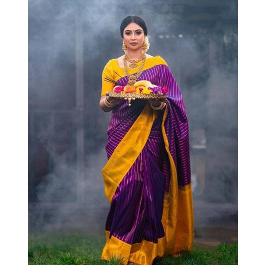 Generic Women's Soft Litchi Silk Jacquard Work Saree With Unstitched Blouse 5.5Mtr (Purple)