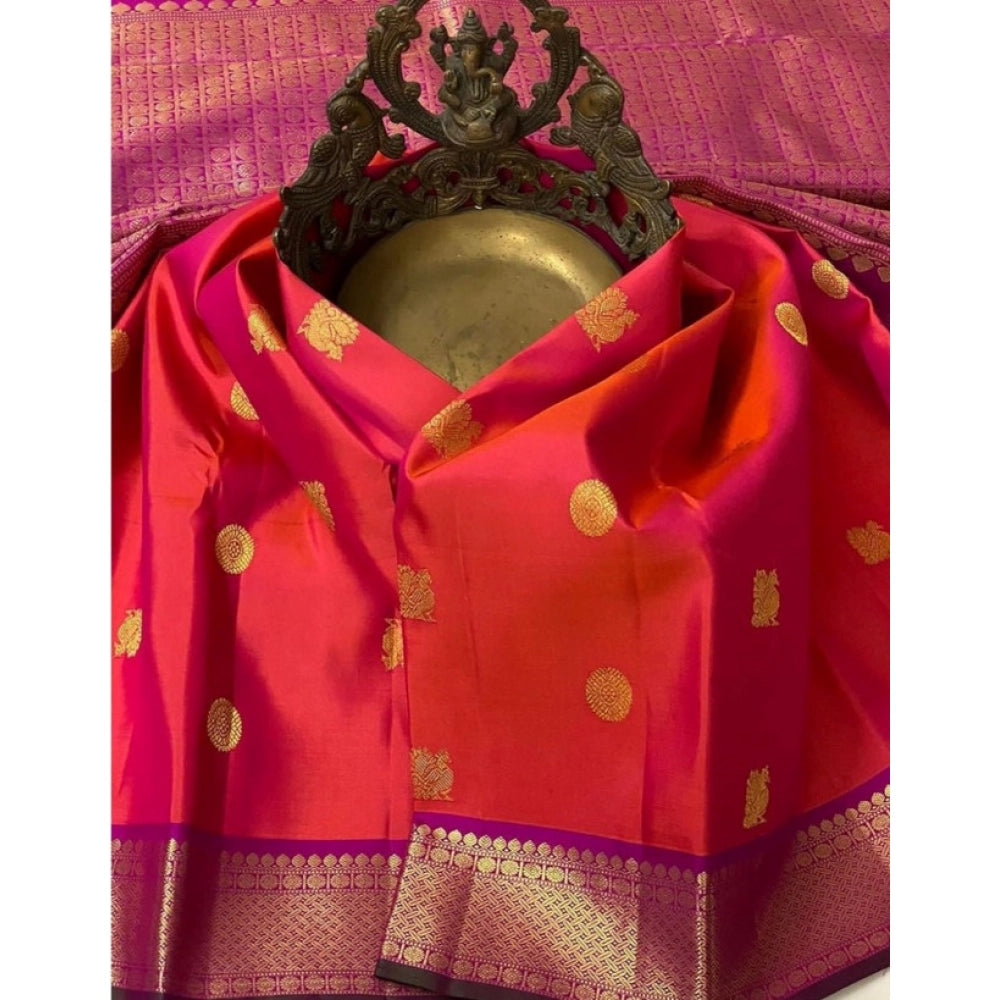 Generic Women's Soft Litchi Silk Jacquard Work Saree With Unstitched Blouse 5.5Mtr (Red)