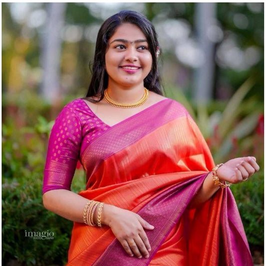 Generic Women's Soft Litchi Silk Jacquard Work Saree With Unstitched Blouse 5.5Mtr (Orange)