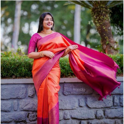 Generic Women's Soft Litchi Silk Jacquard Work Saree With Unstitched Blouse 5.5Mtr (Orange)