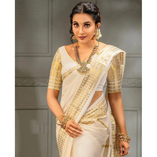Generic Women's Soft Litchi Silk Jacquard Work Saree With Unstitched Blouse 5.5Mtr (White)