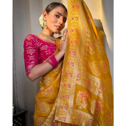 Generic Women's Soft Litchi Silk Jacquard Work Saree With Unstitched Blouse 5.5Mtr (Mustard Yellow)