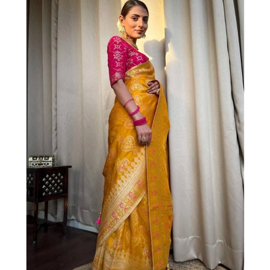 Generic Women's Soft Litchi Silk Jacquard Work Saree With Unstitched Blouse 5.5Mtr (Mustard Yellow)