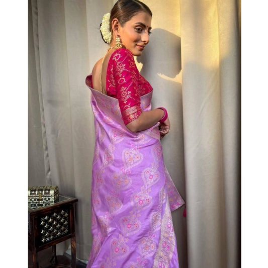 Generic Women's Soft Litchi Silk Jacquard Work Saree With Unstitched Blouse 5.5Mtr (Lavender)