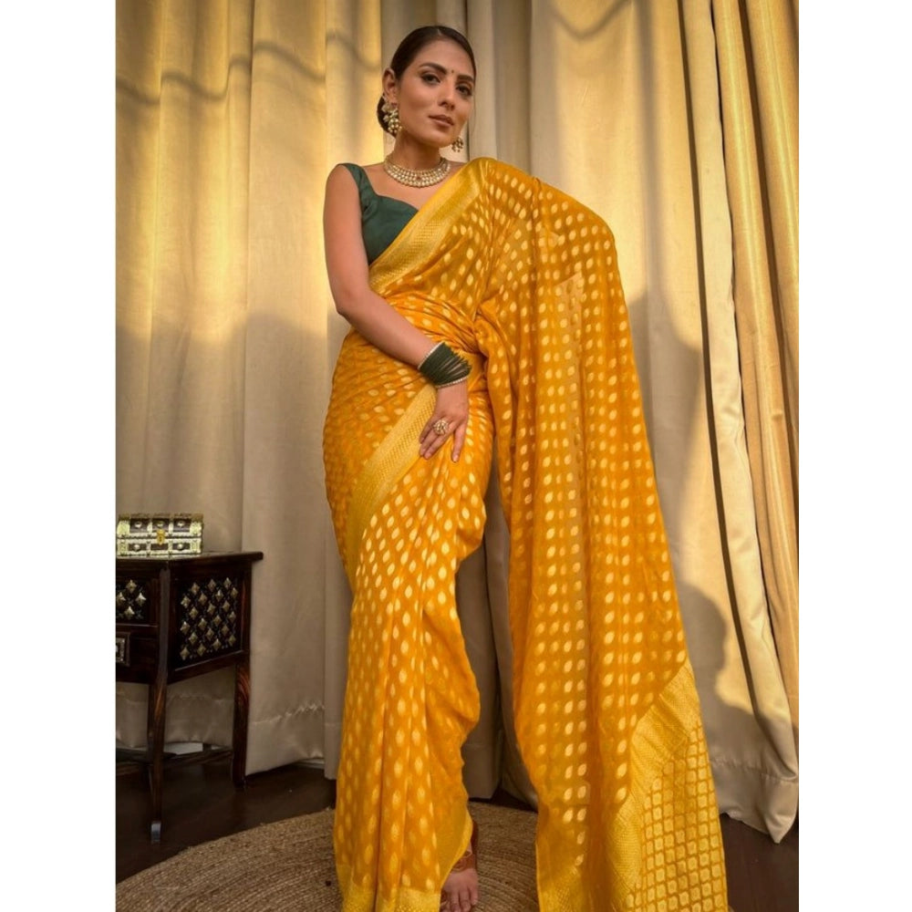 Generic Women's Soft Litchi Silk Jacquard Work Saree With Unstitched Blouse 5.5Mtr (Yellow)
