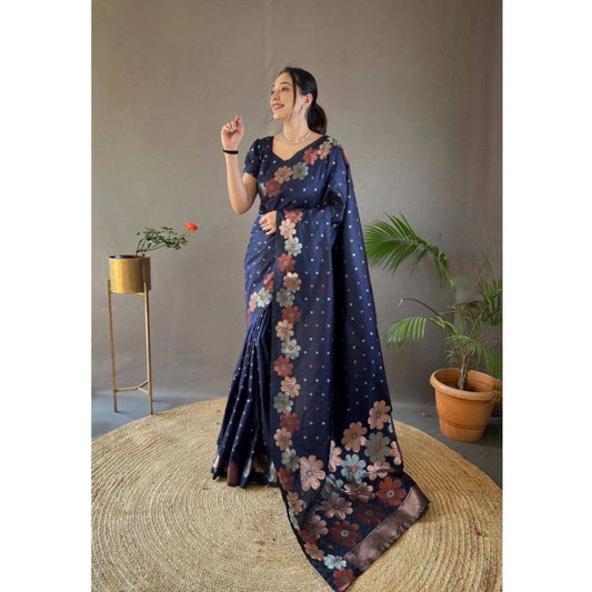 Generic Women's Soft Litchi Silk Jacquard Work Saree With Unstitched Blouse 5.5Mtr (Navy Blue)
