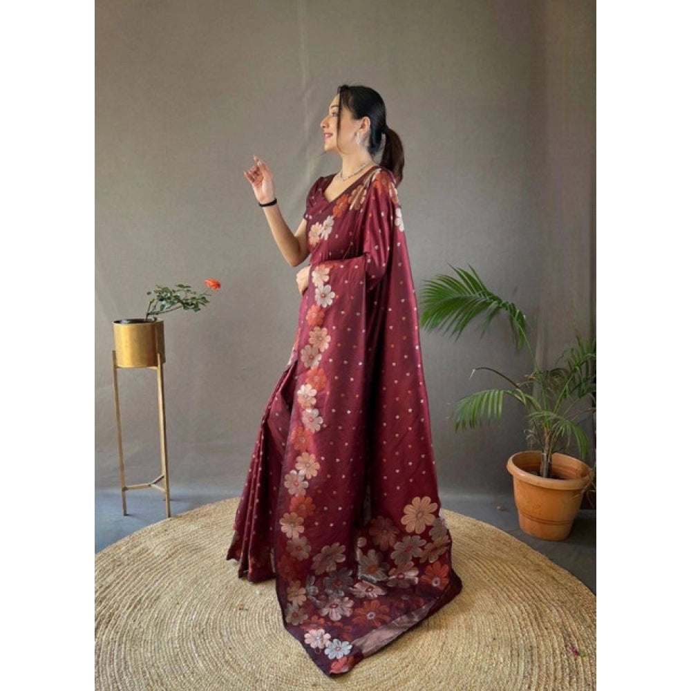 Generic Women's Soft Litchi Silk Jacquard Work Saree With Unstitched Blouse 5.5Mtr (Maroon)