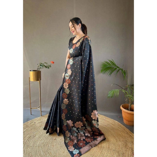 Generic Women's Soft Litchi Silk Jacquard Work Saree With Unstitched Blouse 5.5Mtr (Black)