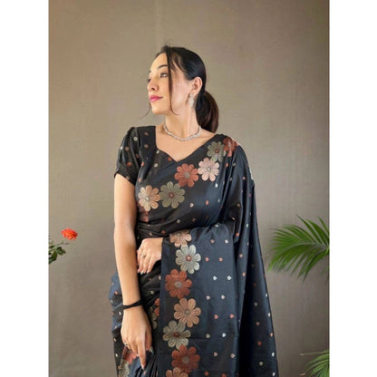 Generic Women's Soft Litchi Silk Jacquard Work Saree With Unstitched Blouse 5.5Mtr (Black)
