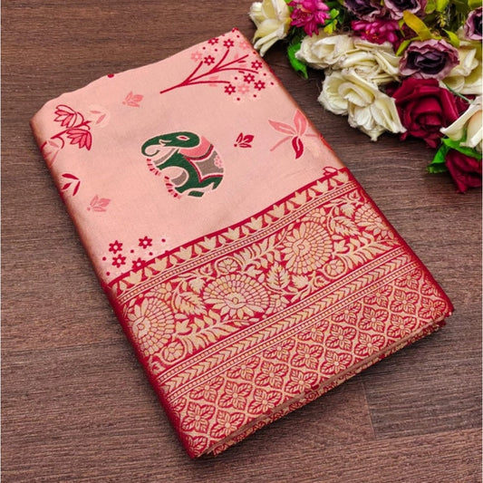 Generic Women's Soft Litchi Silk Jacquard Work Saree With Unstitched Blouse 5.5Mtr (Pink)