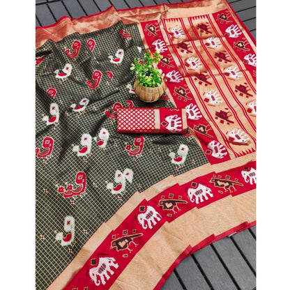 Generic Women's Soft Litchi Silk Jacquard Work Saree With Unstitched Blouse 5.5Mtr (Black-Red)
