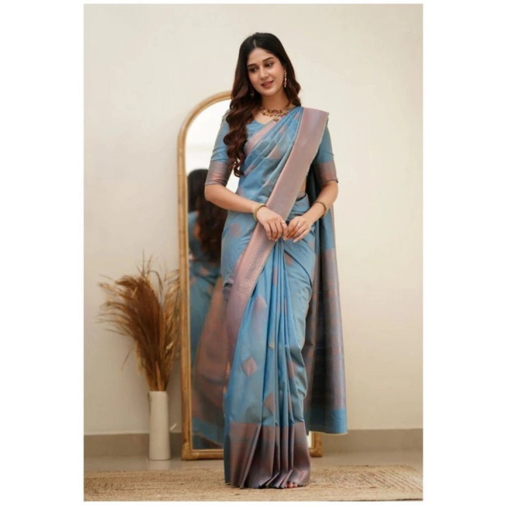 Generic Women's Soft Litchi Silk Jacquard Work Saree With Unstitched Blouse 5.5Mtr (Gray)