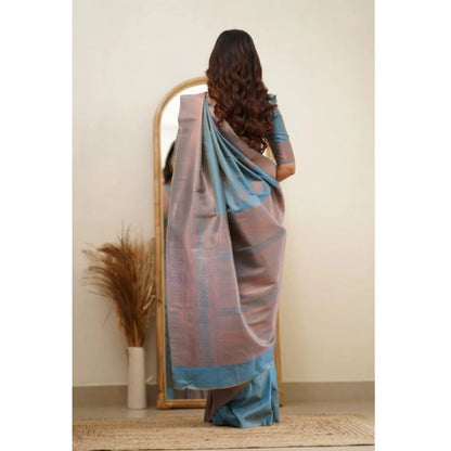 Generic Women's Soft Litchi Silk Jacquard Work Saree With Unstitched Blouse 5.5Mtr (Gray)