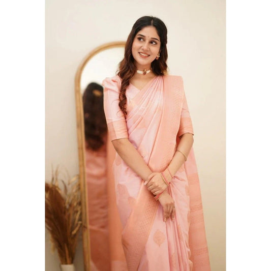 Generic Women's Soft Litchi Silk Jacquard Work Saree With Unstitched Blouse 5.5Mtr (Pink)