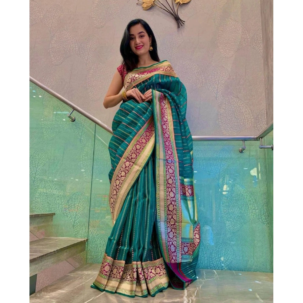 Generic Women's Soft Litchi Silk Jacquard Work Saree With Unstitched Blouse 5.5Mtr (Green)
