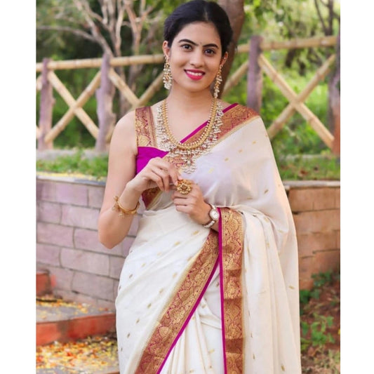 Generic Women's Soft Litchi Silk Jacquard Work Saree With Unstitched Blouse 5.5Mtr (White)