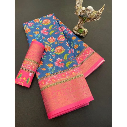 Generic Women's Soft Dola Cotton Printed Saree With Unstitched Blouse 5.5Mtr (Blue)